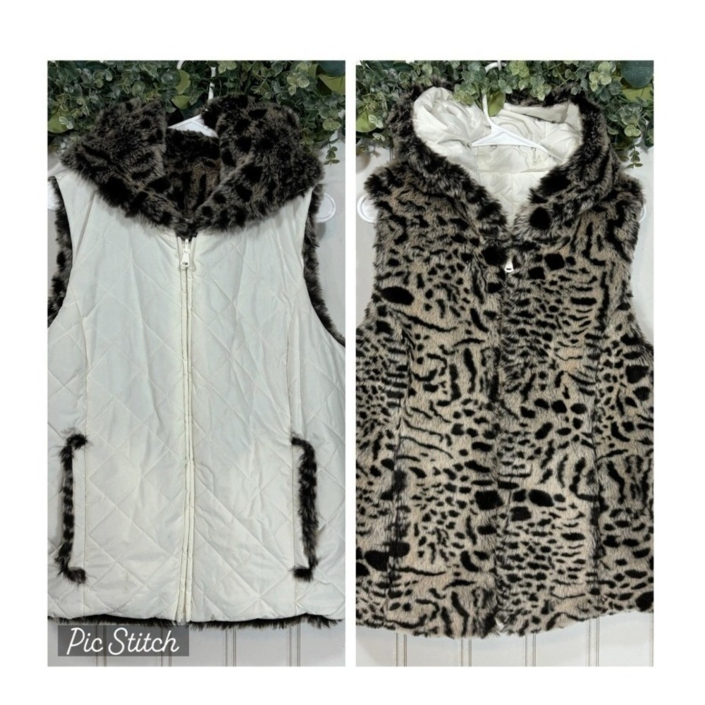 Animal Print Reversible Puffer Vest MEDIUM White Faux Fur Hooded Winter Casual